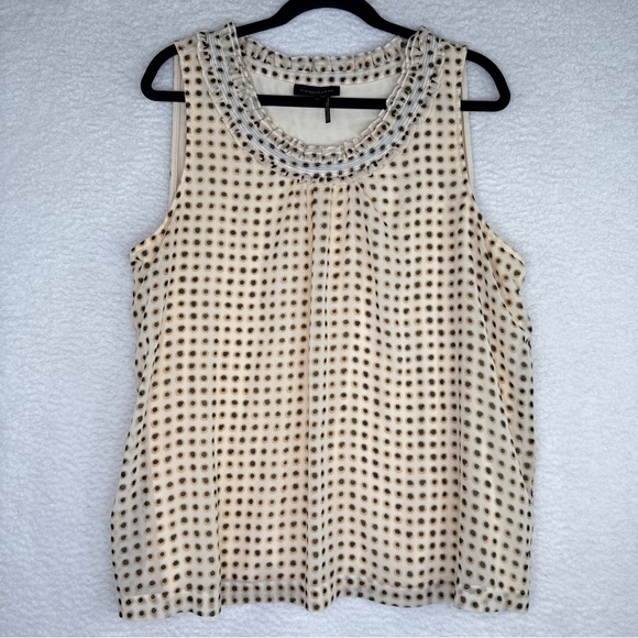 Donna Karan Sleeveless Blouse Womens XL Beige Polka Dot Ruffle Neck Top Tank - Picture 1 of 13